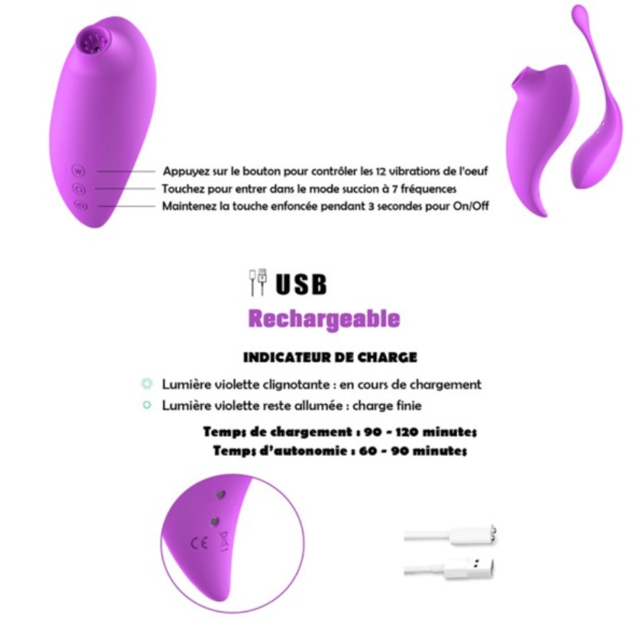 Stimulateur clitoridien à picots par aspiration & œuf vibrant télécommandé 2-en-1 – Violet