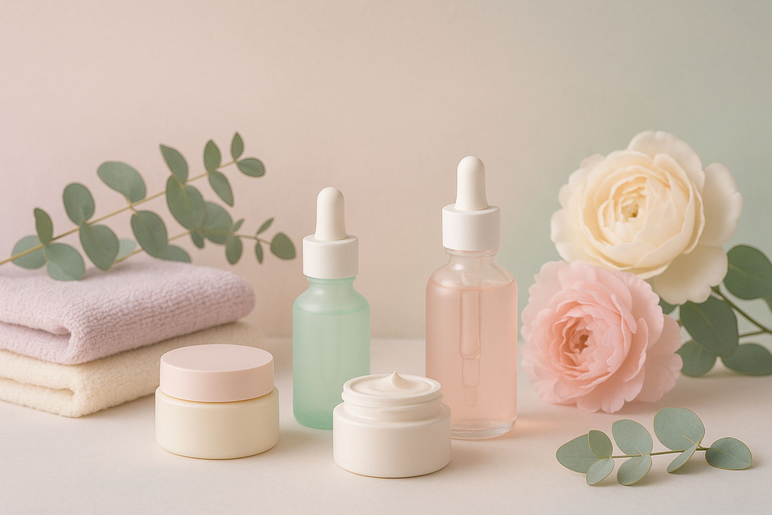 fais moi un belle image de couverture pour un marques qui va vendre des produits cosmétiques / détente / beauté / bien-être. Avec un Thème de couleur pastel